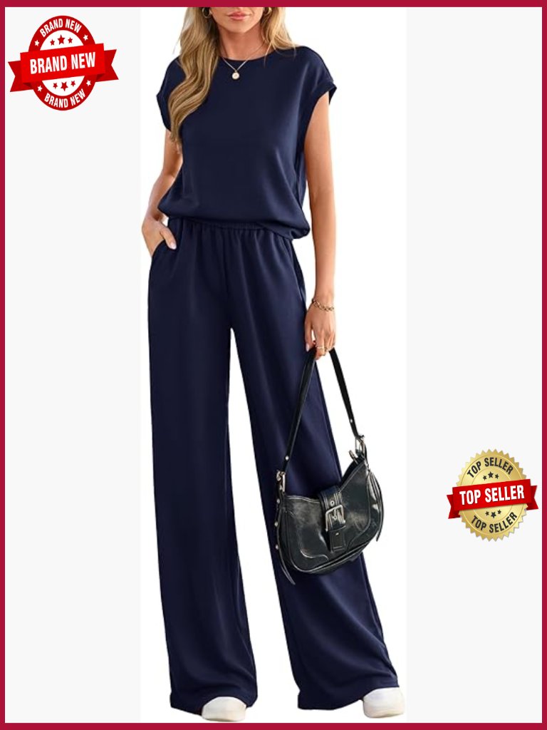 Two Piece Lounge Set Cap Sleeve Top Wide Leg Pants Casual Tracksuit